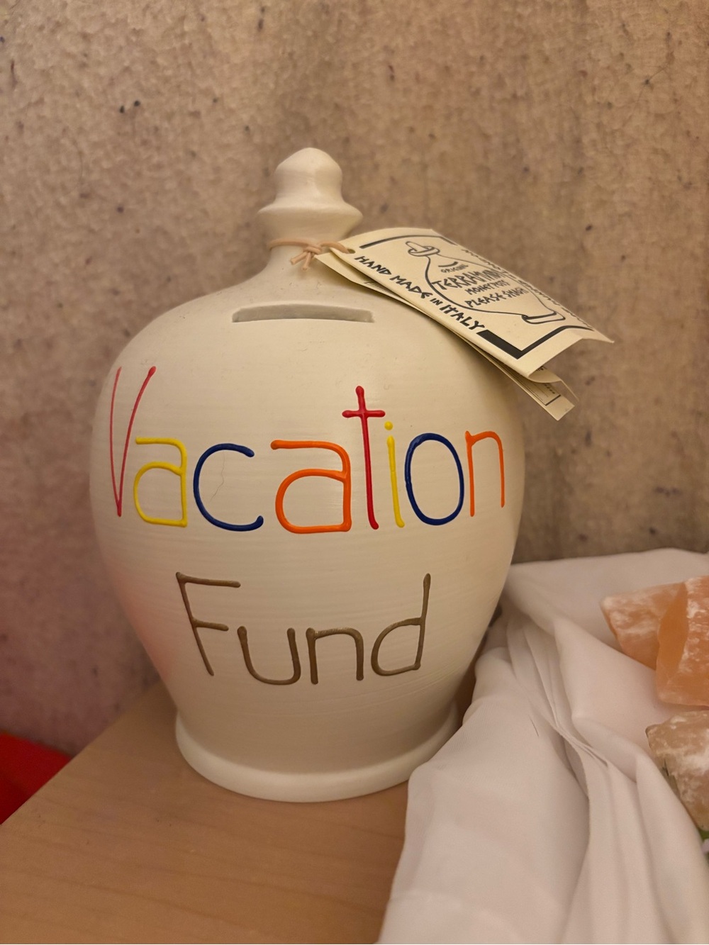 Vacation Fund Ceramic Money Jar - Multicolor Lettering